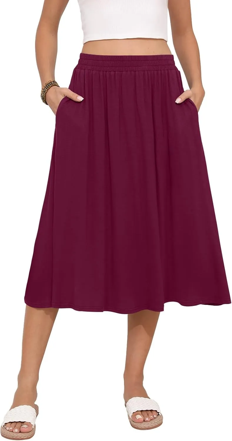 Women's Midi Skirt Summer Flowy Elastic High Waisted Casual Pleated Skirts with Pockets