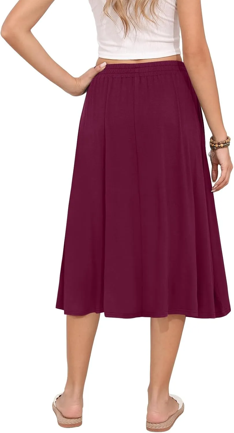 Women's Midi Skirt Summer Flowy Elastic High Waisted Casual Pleated Skirts with Pockets