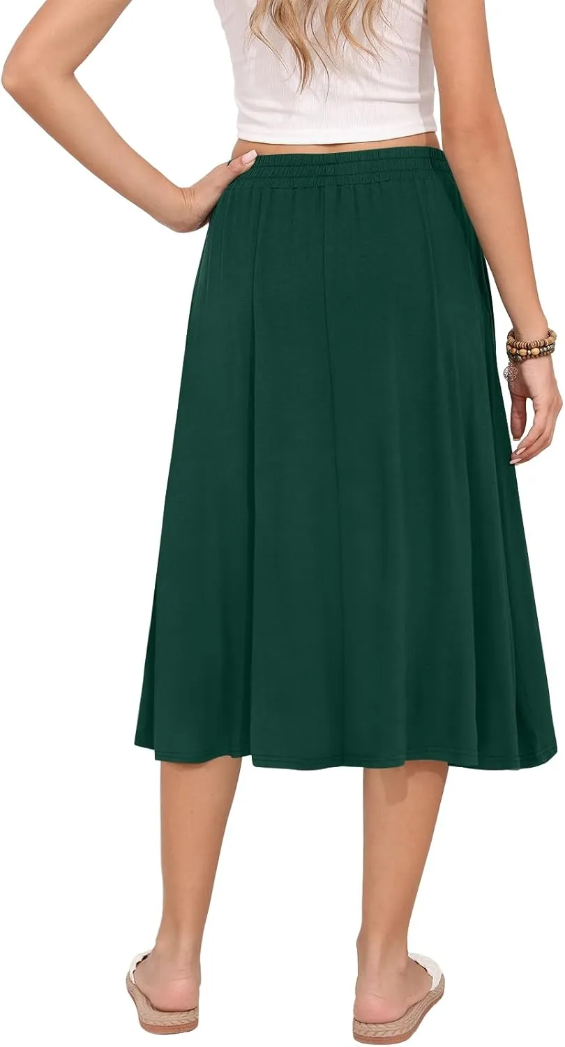 Women's Midi Skirt Summer Flowy Elastic High Waisted Casual Pleated Skirts with Pockets
