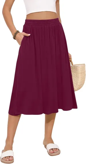 Women's Midi Skirt Summer Flowy Elastic High Waisted Casual Pleated Skirts with Pockets