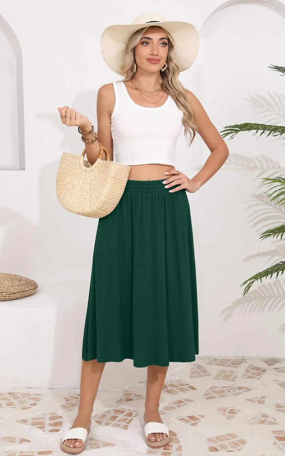 Women's Midi Skirt Summer Flowy Elastic High Waisted Casual Pleated Skirts with Pockets