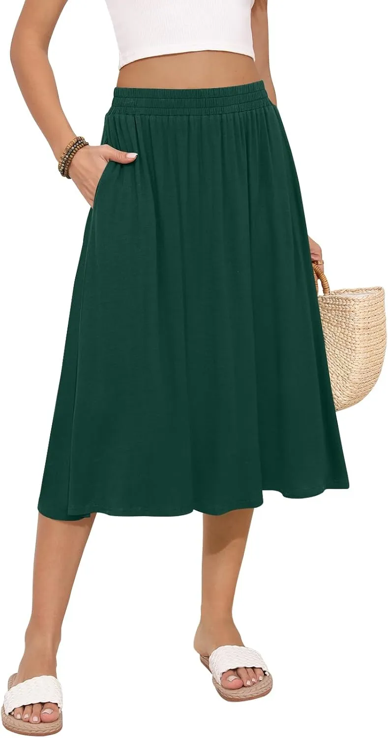 Women's Midi Skirt Summer Flowy Elastic High Waisted Casual Pleated Skirts with Pockets