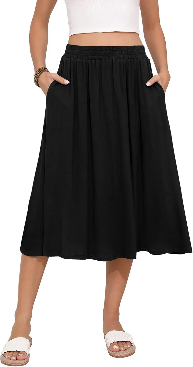 Women's Midi Skirt Summer Flowy Elastic High Waisted Casual Pleated Skirts with Pockets