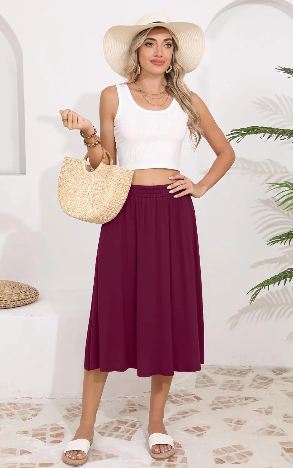 Women's Midi Skirt Summer Flowy Elastic High Waisted Casual Pleated Skirts with Pockets