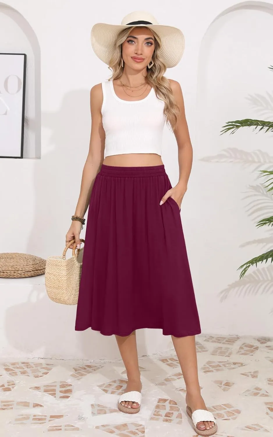 Women's Midi Skirt Summer Flowy Elastic High Waisted Casual Pleated Skirts with Pockets