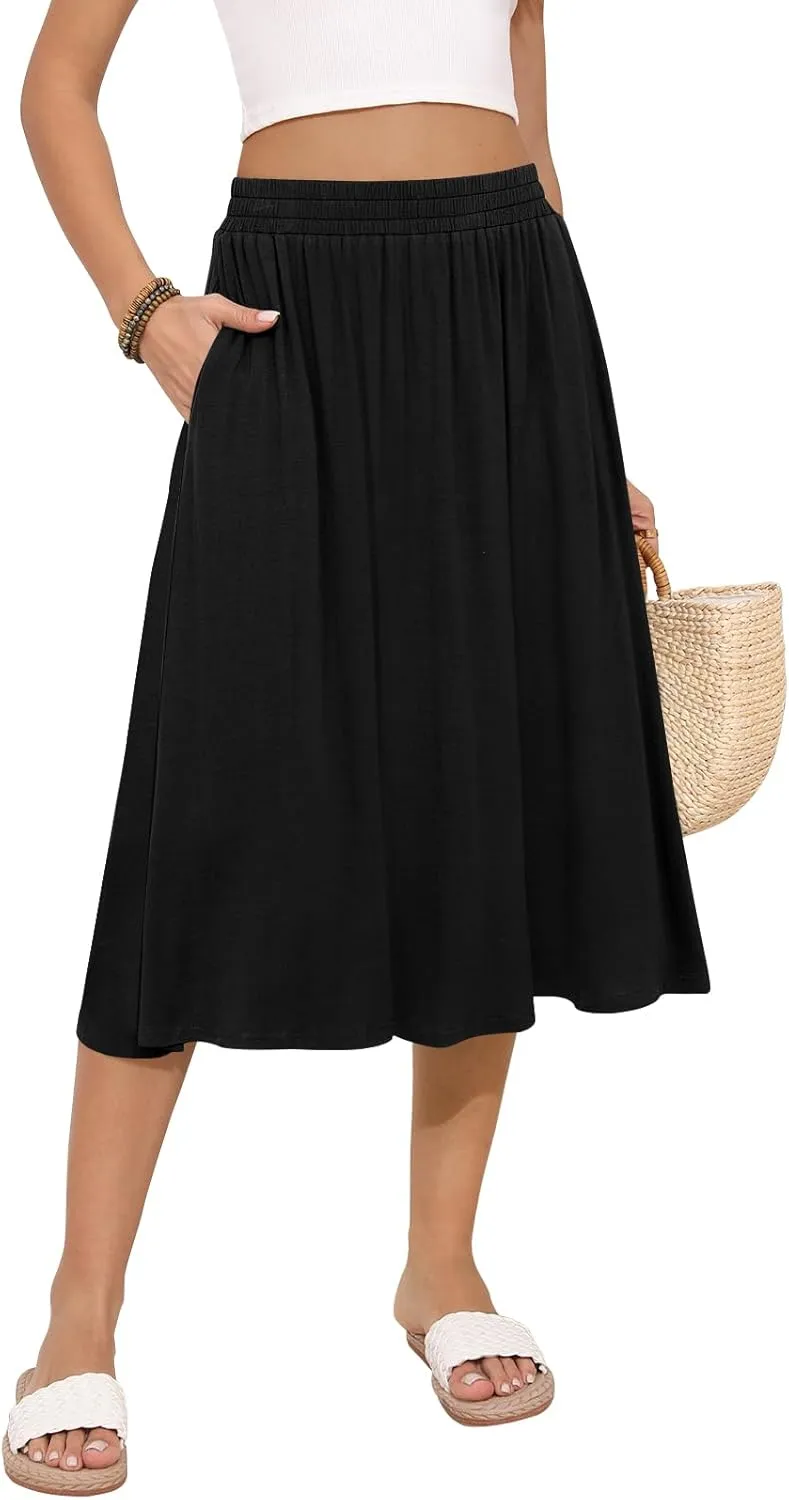 Women's Midi Skirt Summer Flowy Elastic High Waisted Casual Pleated Skirts with Pockets
