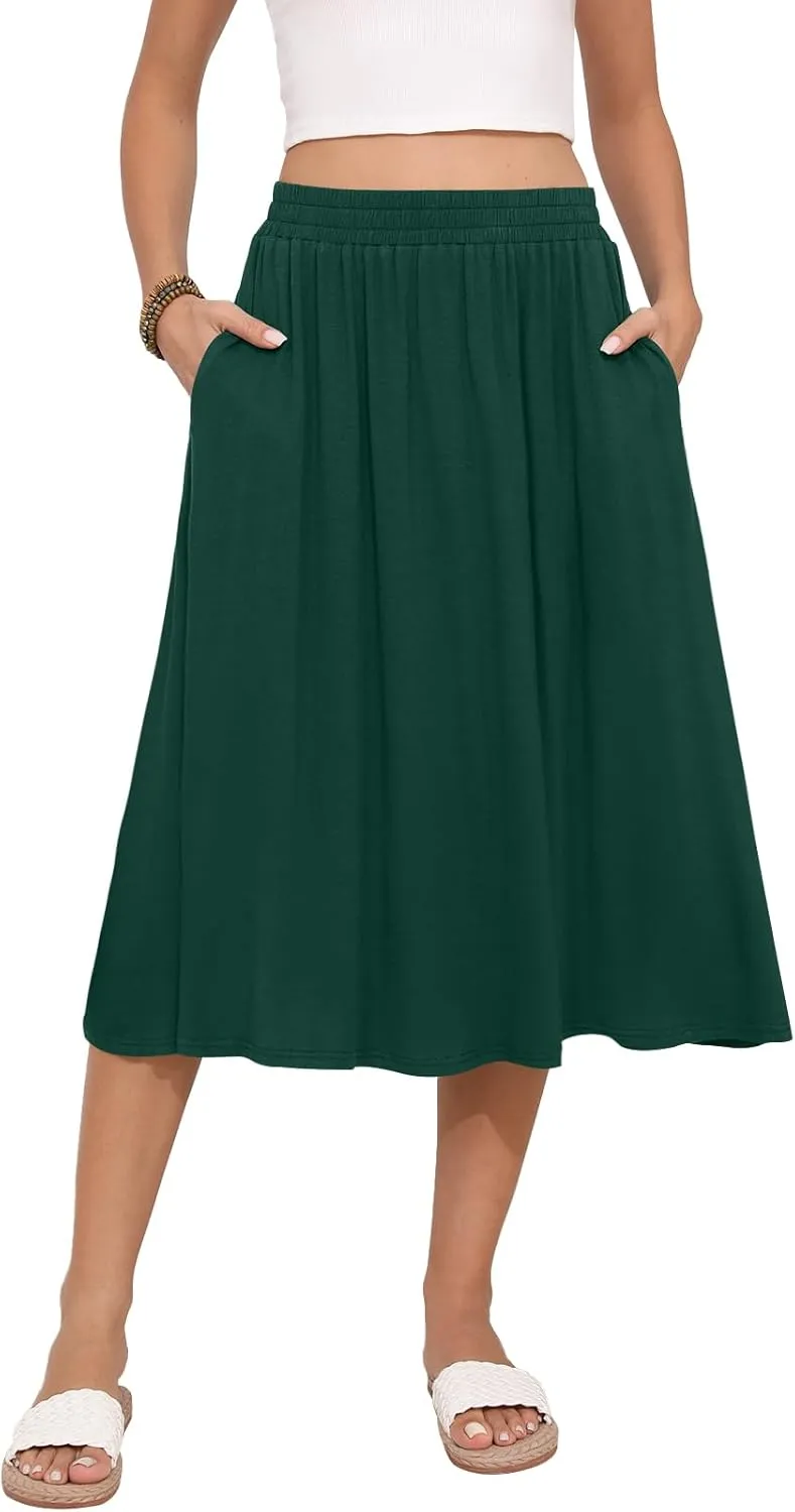 Women's Midi Skirt Summer Flowy Elastic High Waisted Casual Pleated Skirts with Pockets
