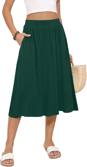 Women's Midi Skirt Summer Flowy Elastic High Waisted Casual Pleated Skirts with Pockets