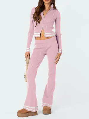 Women's zipper crop top high waist wide leg pants two piece set