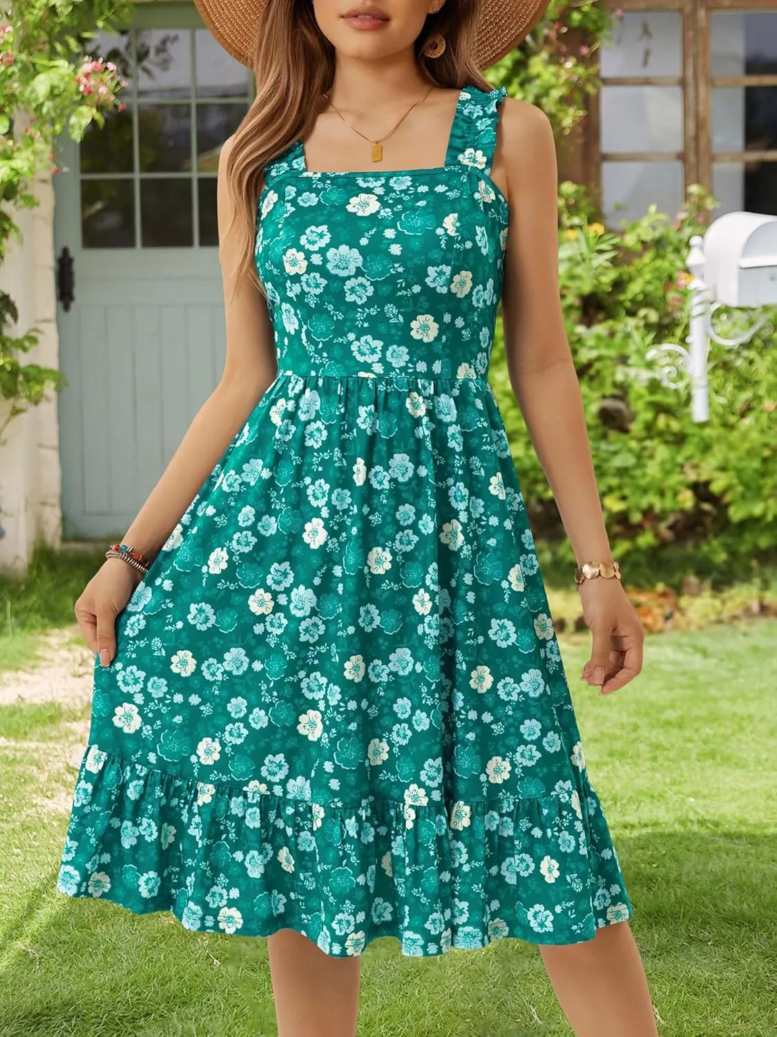 ZABERRY Womens Summer Midi Dress 2025 Elastic Straps Square Neck Cute Floral Flowy A-line Sundresses for Women
