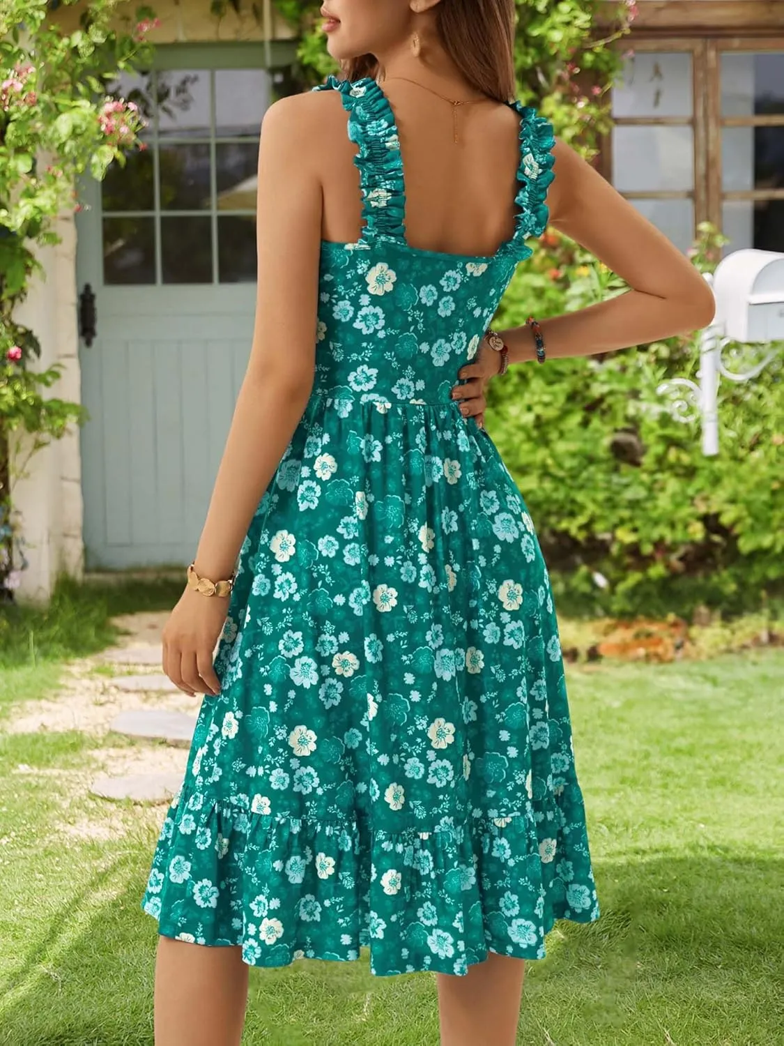 ZABERRY Womens Summer Midi Dress 2025 Elastic Straps Square Neck Cute Floral Flowy A-line Sundresses for Women