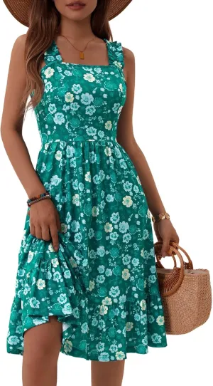 ZABERRY Womens Summer Midi Dress 2025 Elastic Straps Square Neck Cute Floral Flowy A-line Sundresses for Women