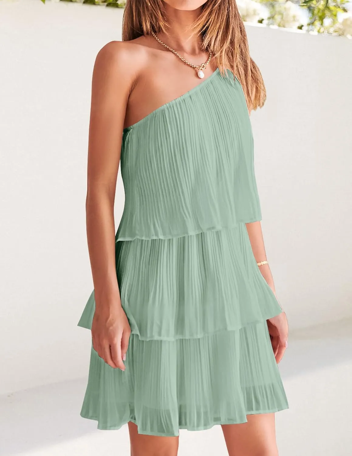 ZESICA Women's Boho Summer One Shoulder Sleeveless Ruffle Tiered Layered Chiffon Pleated A Line Flowy Mini Dress