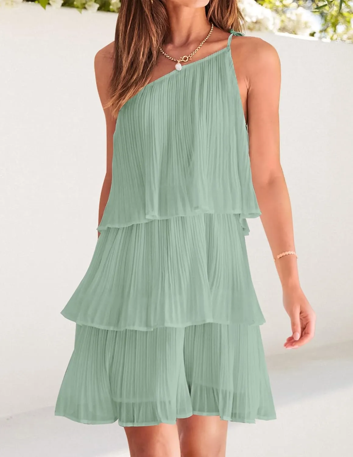 ZESICA Women's Boho Summer One Shoulder Sleeveless Ruffle Tiered Layered Chiffon Pleated A Line Flowy Mini Dress