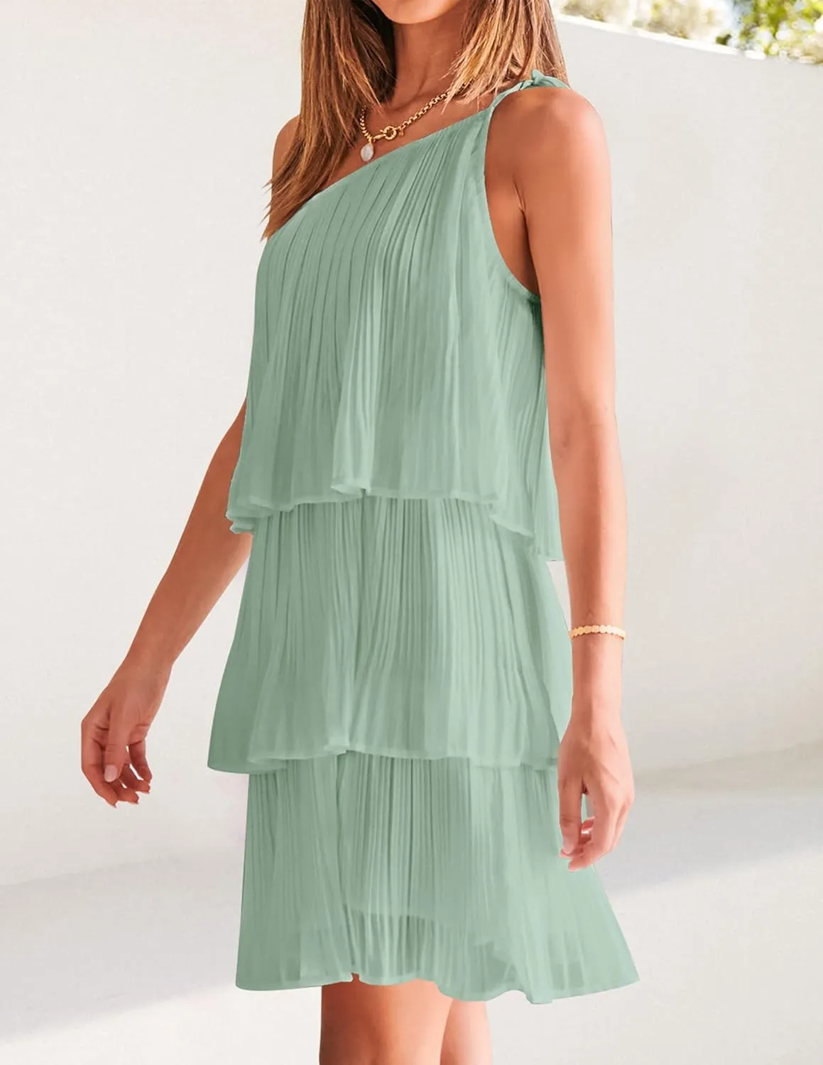 ZESICA Women's Boho Summer One Shoulder Sleeveless Ruffle Tiered Layered Chiffon Pleated A Line Flowy Mini Dress