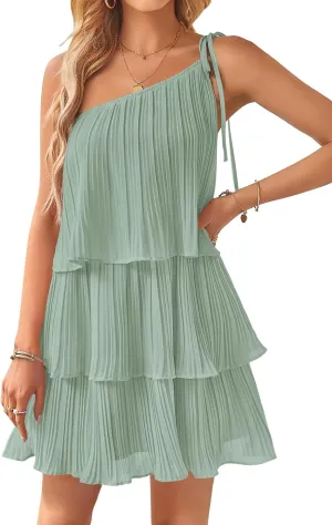 ZESICA Women's Boho Summer One Shoulder Sleeveless Ruffle Tiered Layered Chiffon Pleated A Line Flowy Mini Dress